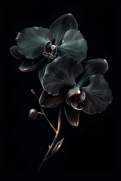 Foto bellissima orchidea nera su uno sfondo nero uniforme
