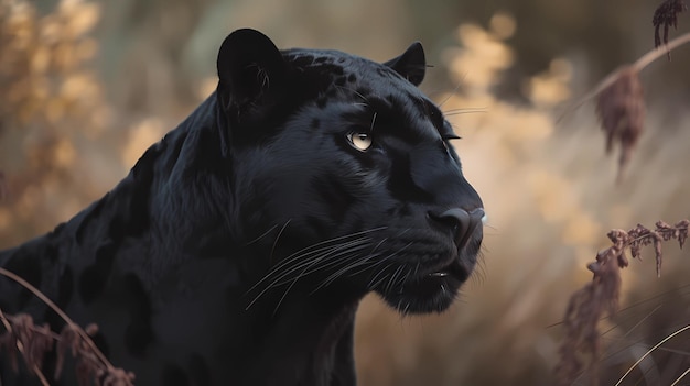 Beautiful black panther's face with striking look from his eyes closeup portrait