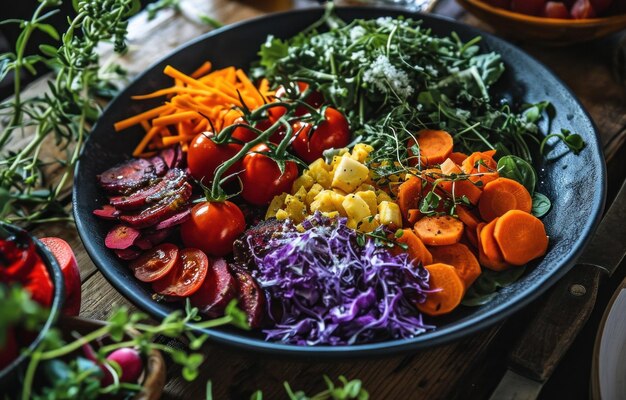 a beautiful black salad plate full of vegetables