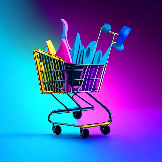 A beautiful black shopping cart rendered in a vector art style with vibrant colors and crisp edges