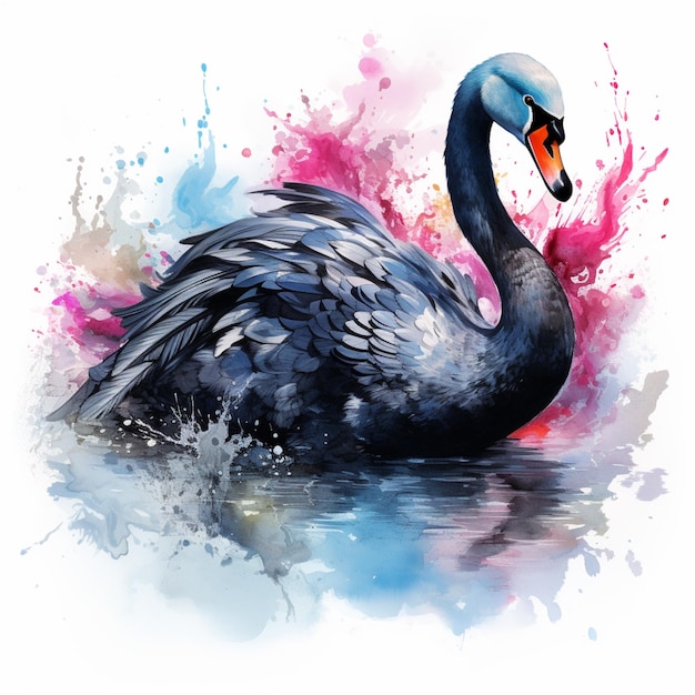 Beautiful black swan bird watercolor Illustration image Ai generated art