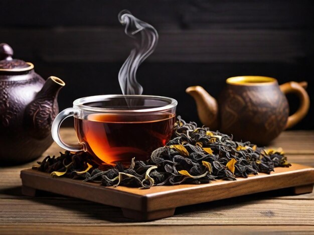 Красивый черный чай с сухим чаем в чайнике на деревянной поверхности