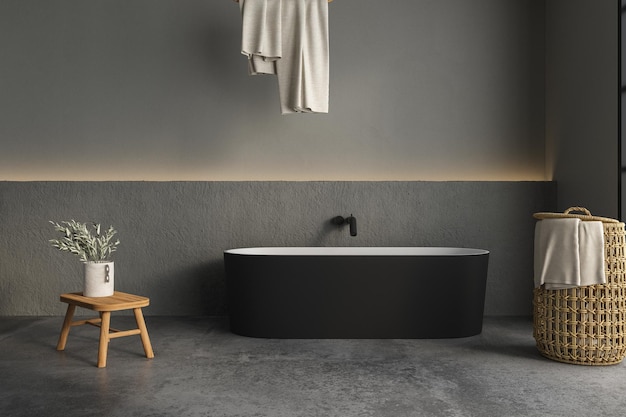 Beautiful black and white bathtub standing on concrete floor in front of gray wall sunlight front view 3d rendering