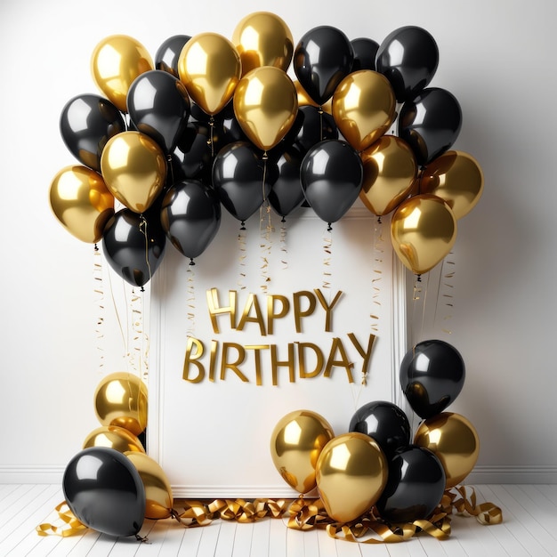 Beautiful black white and golden balloons flying over gold frame birthday background with balloons