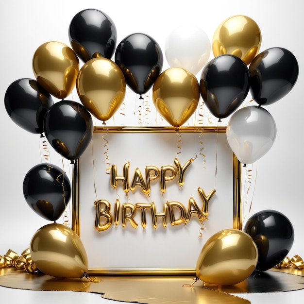 Beautiful black white and golden balloons flying over gold frame birthday background with balloons