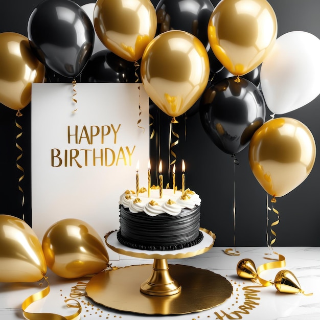 Beautiful black white and golden balloons flying over gold frame birthday background with balloons