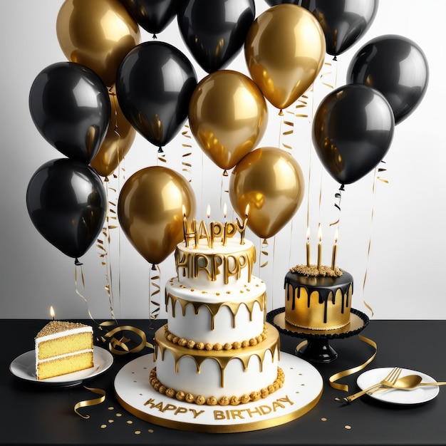 Beautiful black white and golden balloons flying over gold frame birthday background with balloons