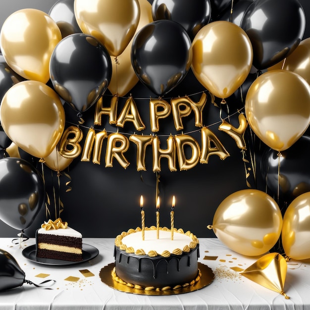Beautiful black white and golden balloons flying over gold frame birthday background with balloons
