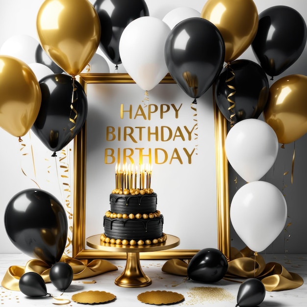 Beautiful black white and golden balloons flying over gold frame birthday background with balloons