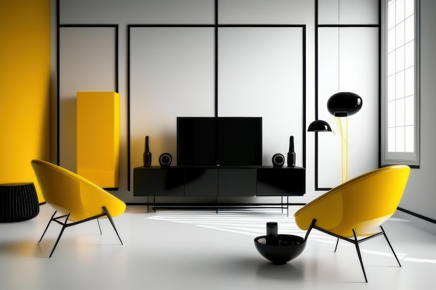 beautiful black and white living room with yellow furniture