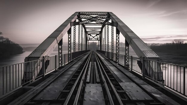 Beautiful black and white shot of a railroad on a metal bridge