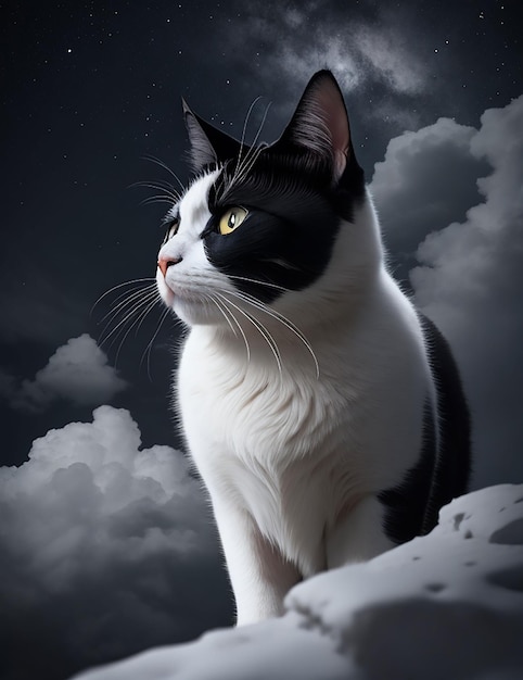 beautiful black and white sky cat generative by Ai