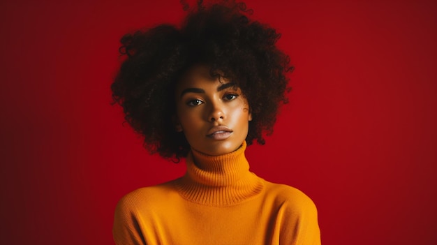 Foto bella donna nera con un maglione di lana blu.