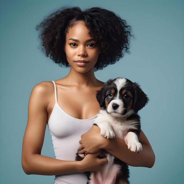 A beautiful black woman has her puppy