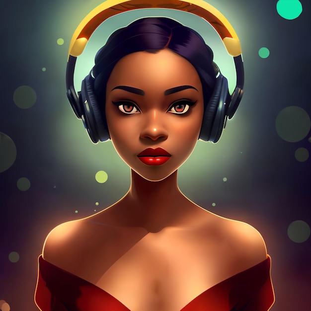 헤드폰을 쓴 아름다운 흑인 여성 밤 도시의 빛 AI