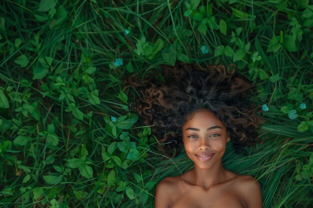 Beautiful black woman long hair lying on grass field on nature background hair products concept