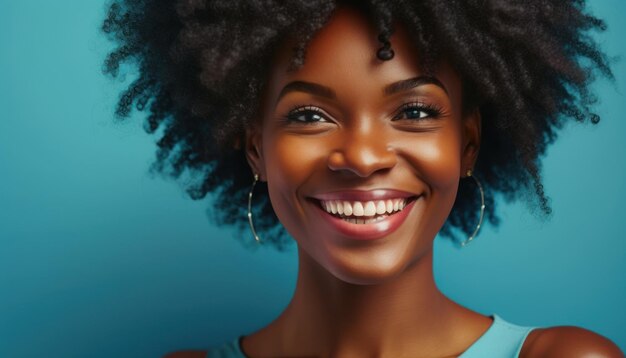 Beautiful black woman smiling isolated on blue background with copy space for text