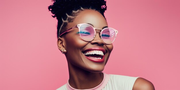 Beautiful black woman smiling isolated on pink background with copy space for text