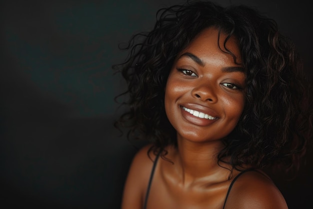 Beautiful black woman smiling in studio shot stock photo