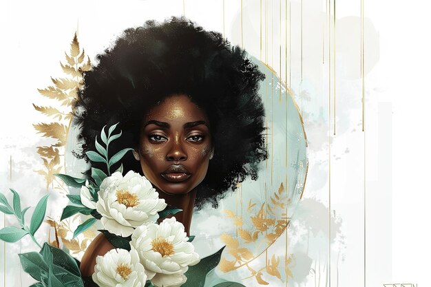 Photo beautiful black woman surrounded by golden painting and pastel peony flowers on white background