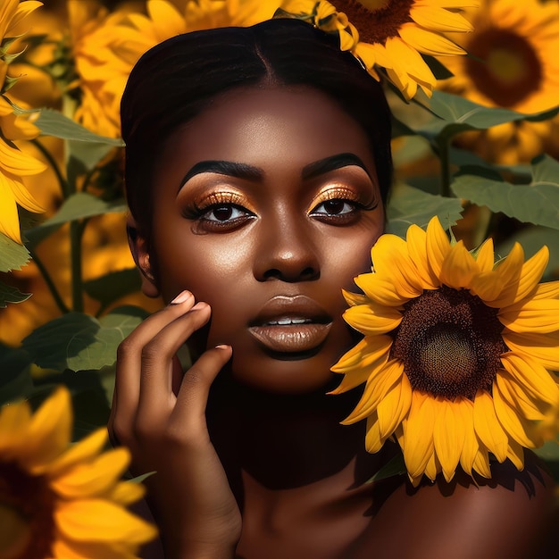 Beautiful black woman in a white dress standing among the field of sunflowers