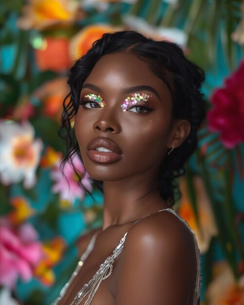 A beautiful black woman with glitter eye makeup