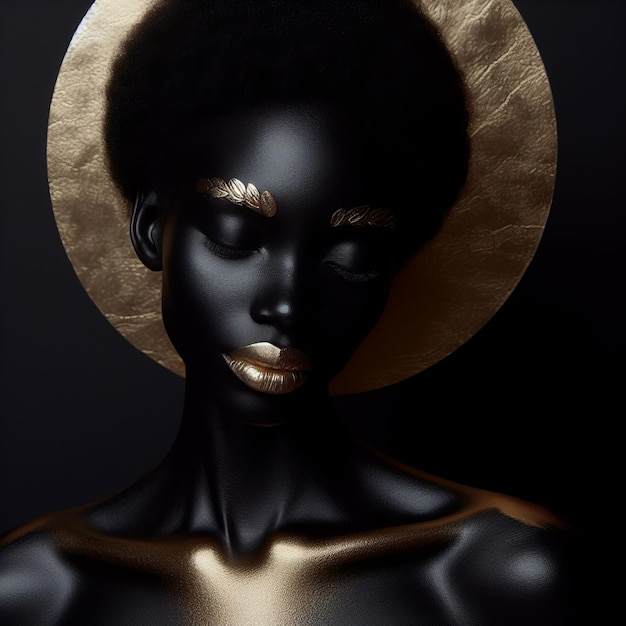 Beautiful black woman with gold make up and golden hat on black background