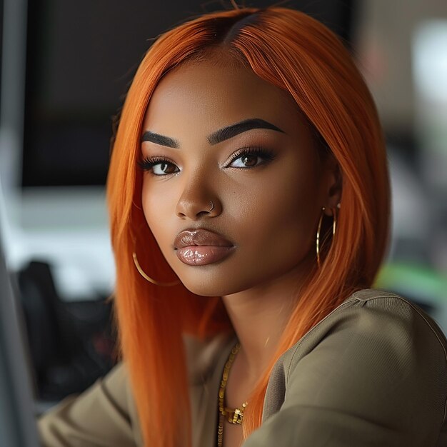 Beautiful black woman with orange straight flat ironed hair neutral expression