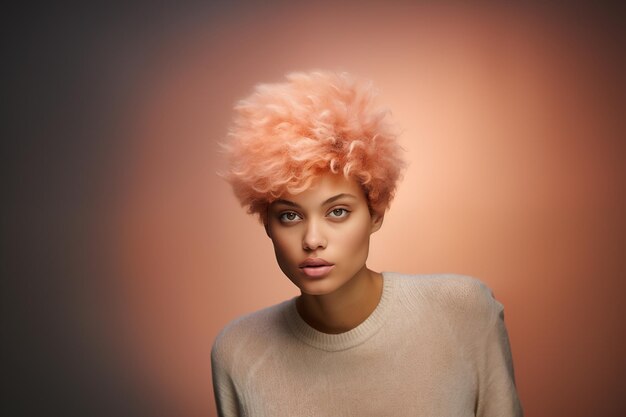 beautiful black woman with peach fuzz hair on a background of peach fuzz