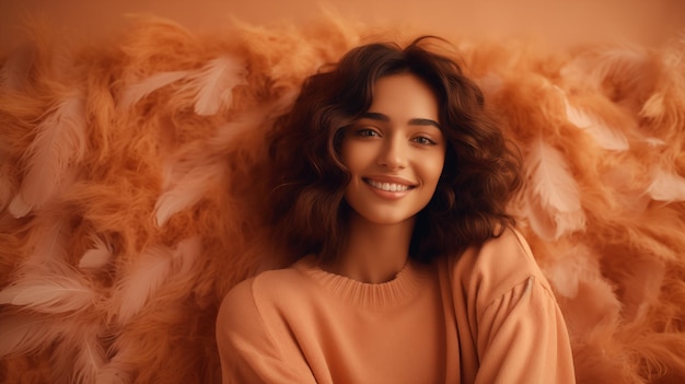 beautiful black woman with peach fuzz hair on a background of peach fuzz