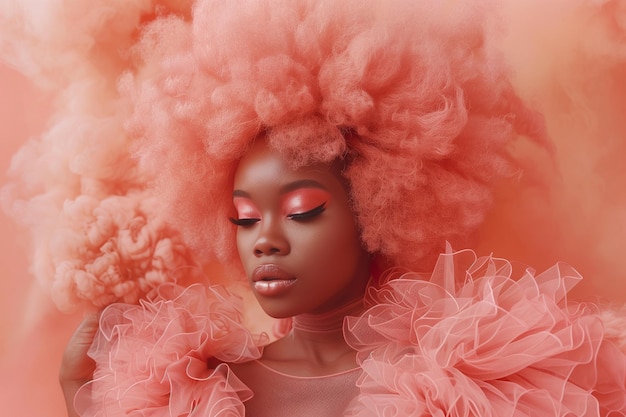 beautiful black woman with peach fuzz hair on a background of peach fuzz