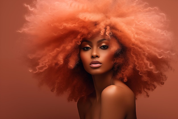 beautiful black woman with peach fuzz hair on a background of peach fuzz