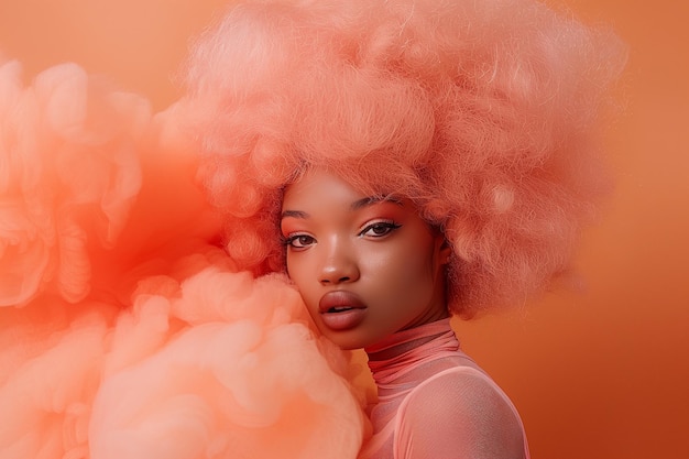 beautiful black woman with peach fuzz hair on a background of peach fuzz