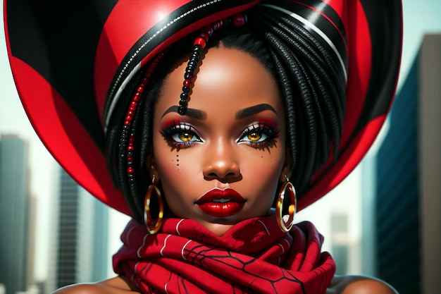 Photo beautiful black woman with a red scarf and a black scarf