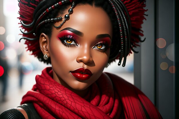 Photo beautiful black woman with a red scarf and a black scarf