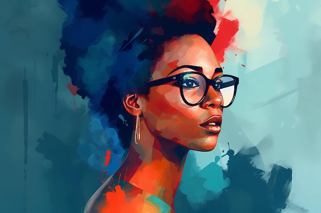 A beautiful black woman with sunglasses on abstract blue background