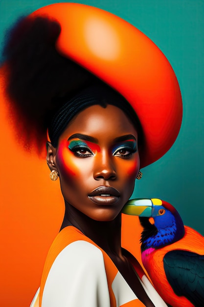 Beautiful black woman with Toucan bird Color blocking orange and teal Bright portrait of a model