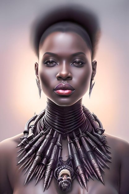 Красивая черная женщина с очень уникальным лицом и длинной шеей с украшениями