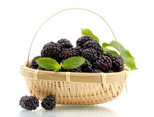 Beautiful blackberries with leaves in basket isolated on white