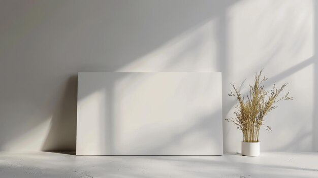 Photo a beautiful blank canvas stands in a white room next to a vase of wheat