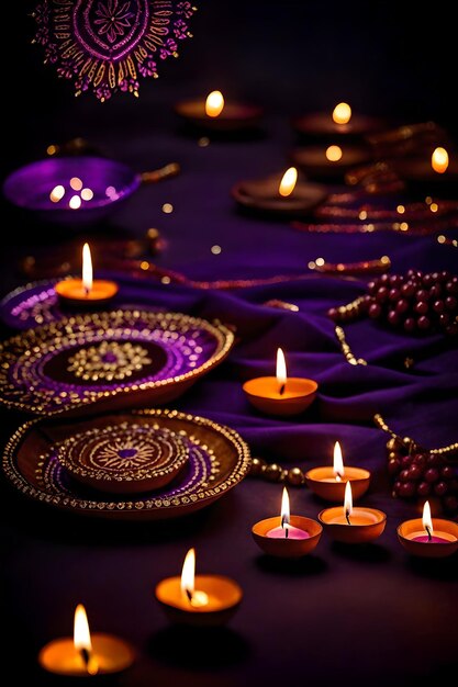 Photo beautiful blank diwali lamps and backgrounds lit during celebration