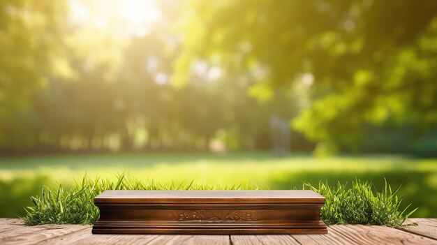 Beautiful block wooden podium pedestal for an object on a background of lush green grass Sunlight