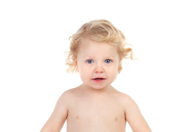 Beautiful blond baby with curly hair isolated