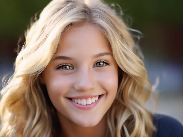 A beautiful blond girl smiling looking at the camera