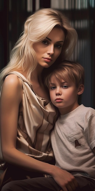 Beautiful blond haired grandmother posing with cute young boy sitting in the sofa in Generative AI