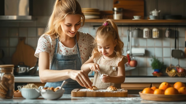 美しい金の母親が娘にキッチンで料理を教える 毎日子供と一緒に朝食を作る親 家で家族