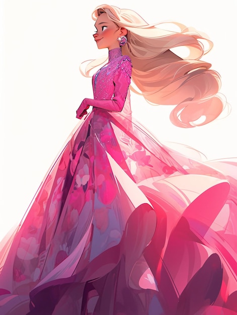 Beautiful blond princess cartoon with blue eyes bouquet of flowers pink Gown Dress ball fairy tale