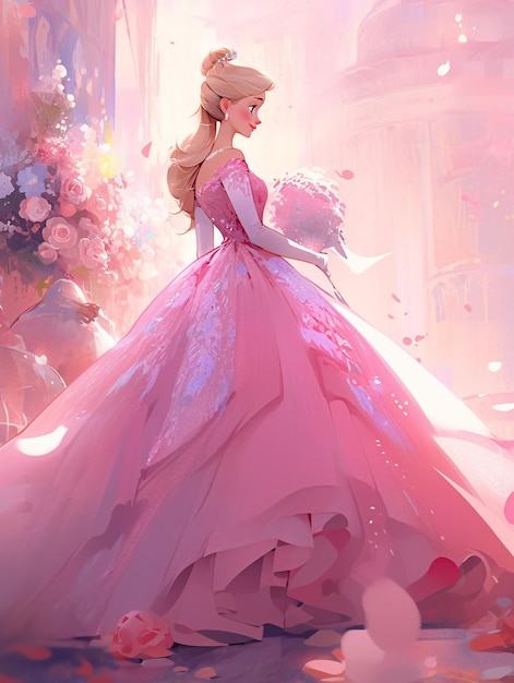 Beautiful blond princess cartoon with blue eyes bouquet of flowers pink Gown Dress ball fairy tale