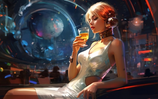 Beautiful blond woman drinking a glass of wine in spaceship bar