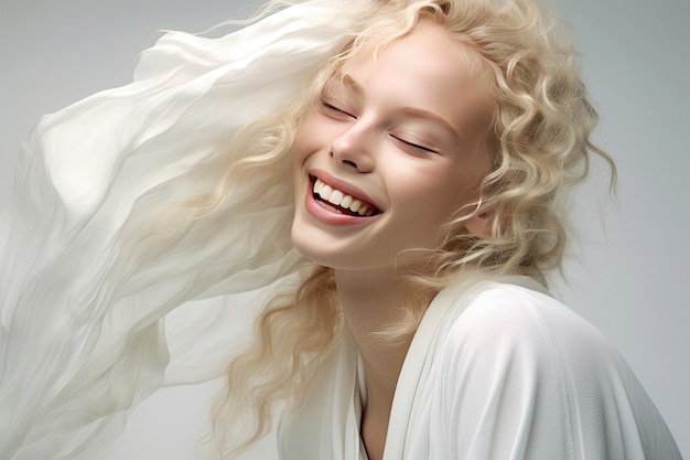 Beautiful blond woman in white is smiling